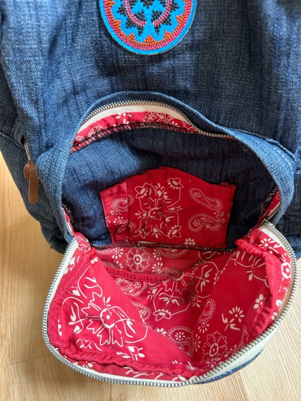 Rare Steve Madden Denim Patch Backpack Blue Red Bandana USA Aztec $108 unisex